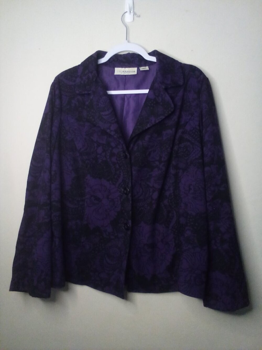 Sag Harbor Blazer Women L Long Sleeve Pattern Button Up Purple Black